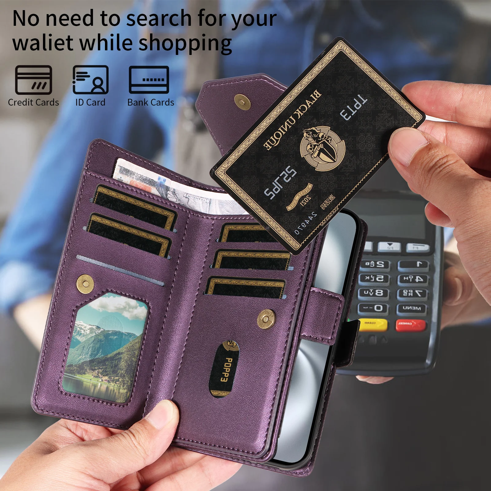 For iPhone 17 Pro Max Case with Multi-Card Holder and Strap PU Leather Phone Cover Stand - Purple - Image 6