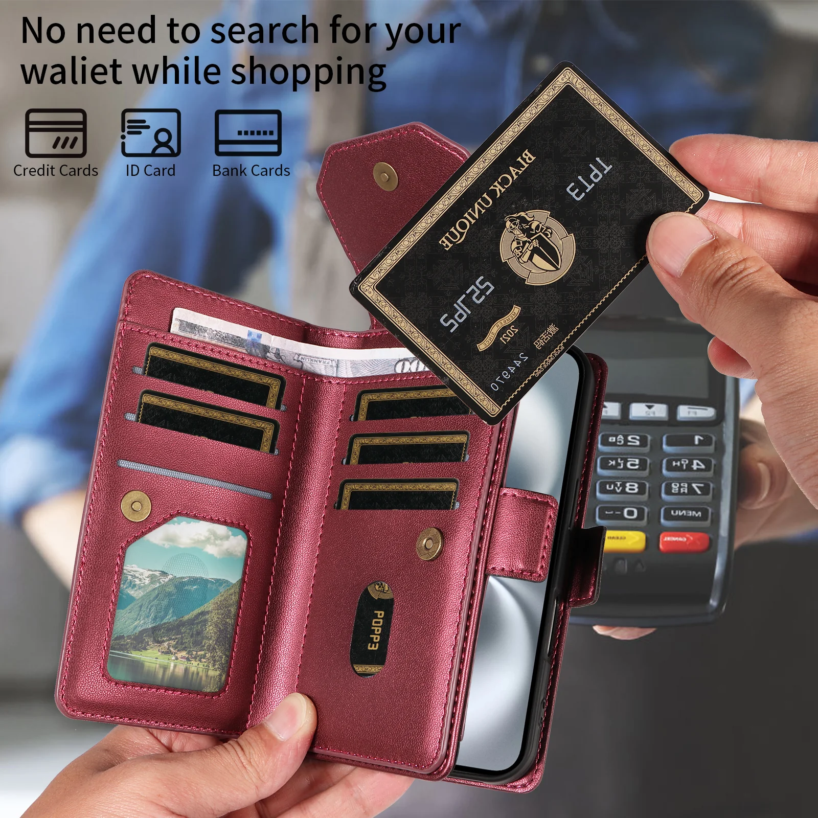 For iPhone 17 Pro Max Case with Multi-Card Holder and Strap PU Leather Phone Cover Stand - Red - Image 3