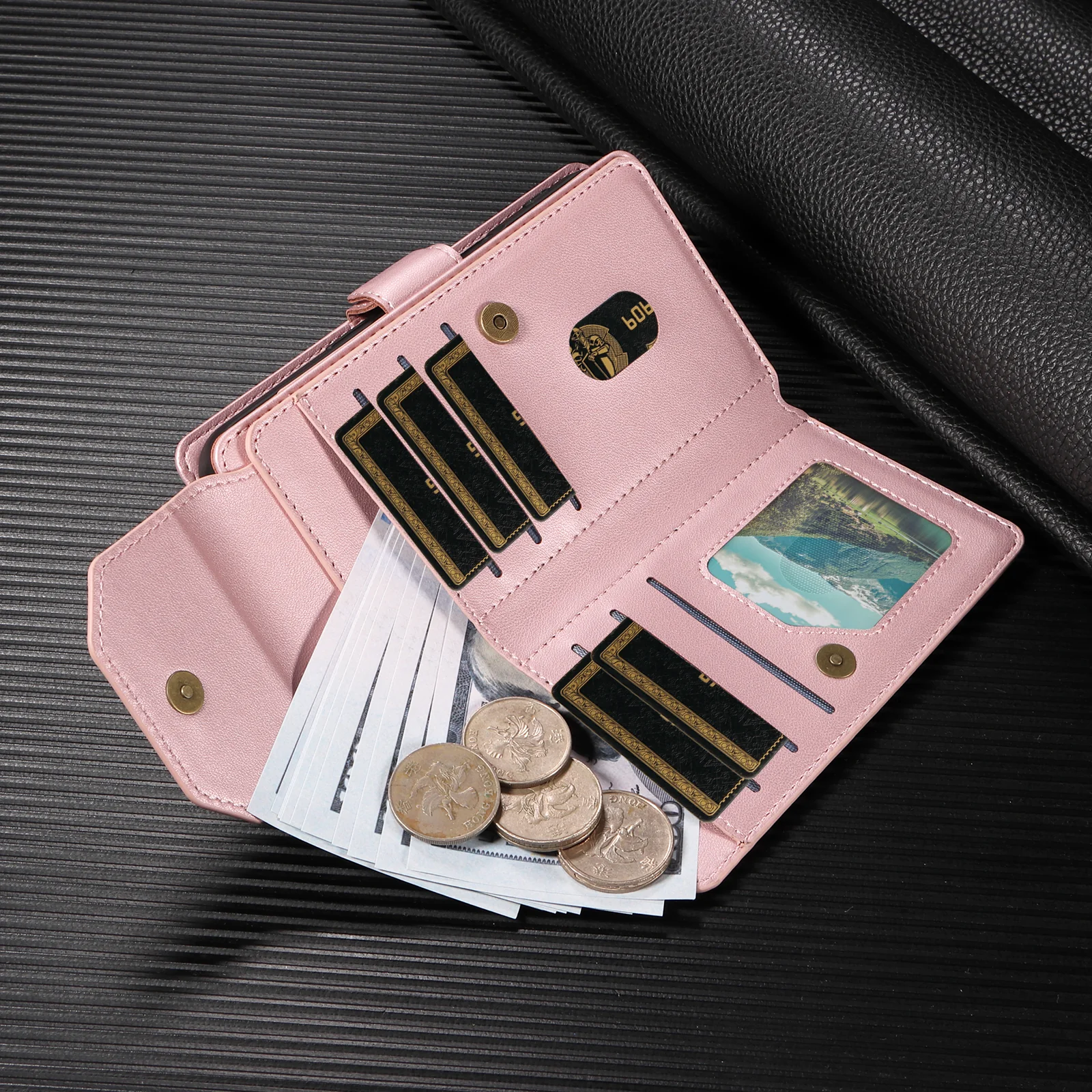 For iPhone 17 Pro Max Case with Multi-Card Holder and Strap PU Leather Phone Cover Stand - Rose Gold - Image 4