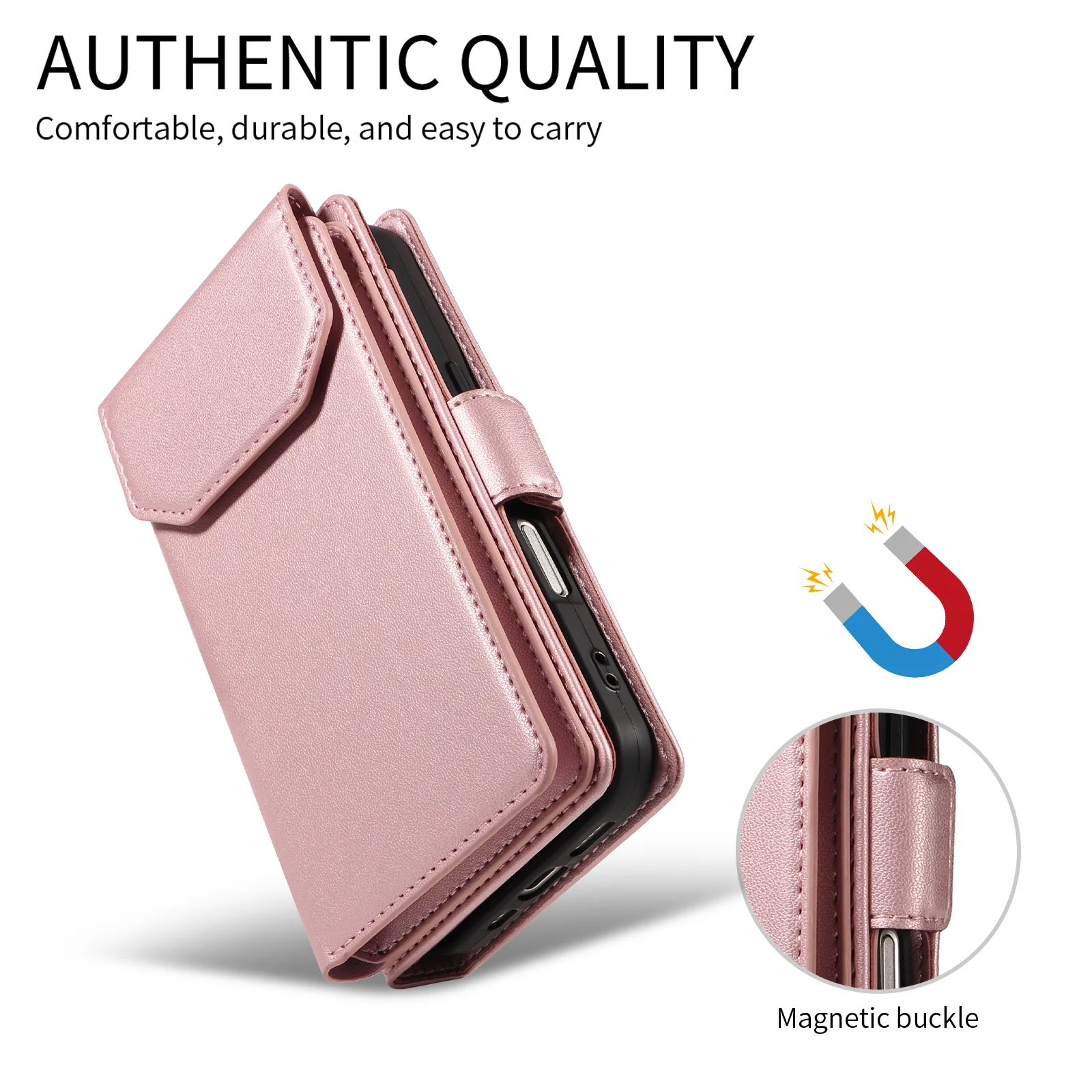 For iPhone 17 Pro Max Case with Multi-Card Holder and Strap PU Leather Phone Cover Stand - Rose Gold - Image 5