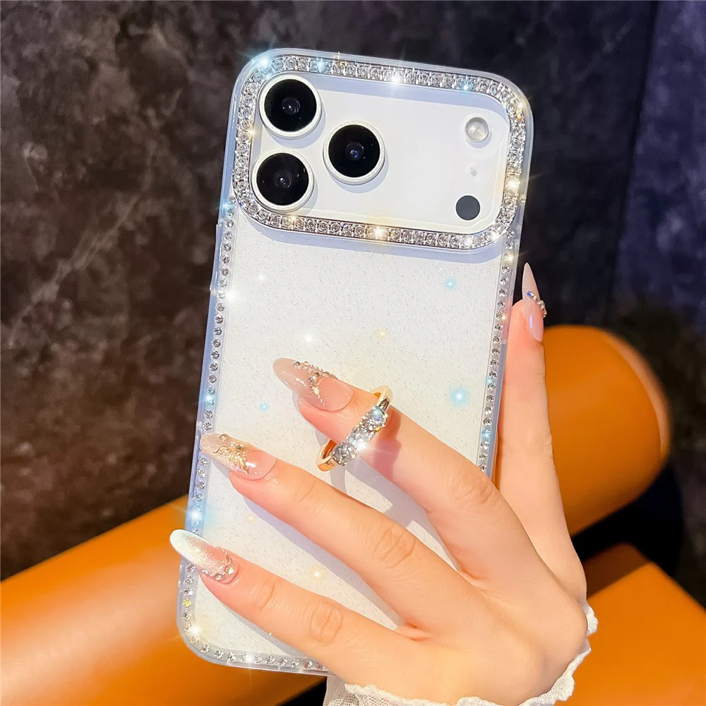For iPhone 17 Pro Max Case with Ring Kickstand Rhinestone Edge TPU + PC IMD Phone Cover - Glitter Light Green - Image 3