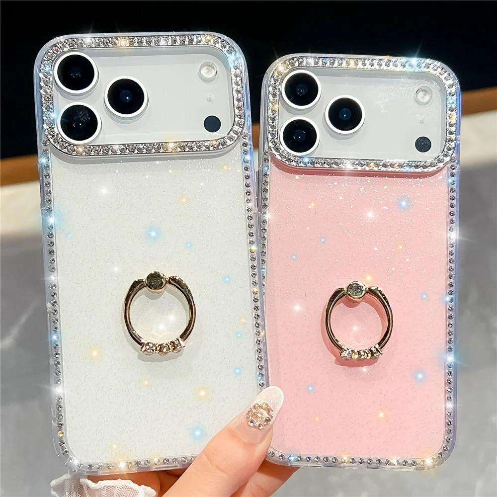 For iPhone 17 Pro Max Case with Ring Kickstand Rhinestone Edge TPU + PC IMD Phone Cover - Glitter Light Green - Image 7