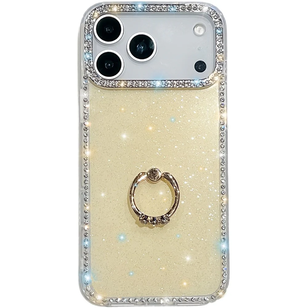 For iPhone 17 Pro Max Case with Ring Kickstand Rhinestone Edge TPU + PC IMD Phone Cover - Glitter Light Yellow