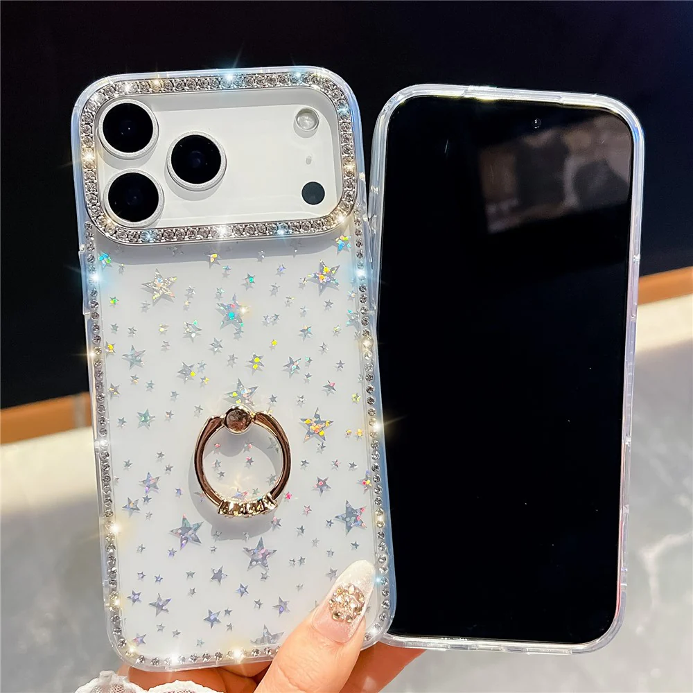 For iPhone 17 Pro Max Case with Ring Kickstand Rhinestone Edge TPU + PC IMD Phone Cover - Glitter Light Yellow - Image 4