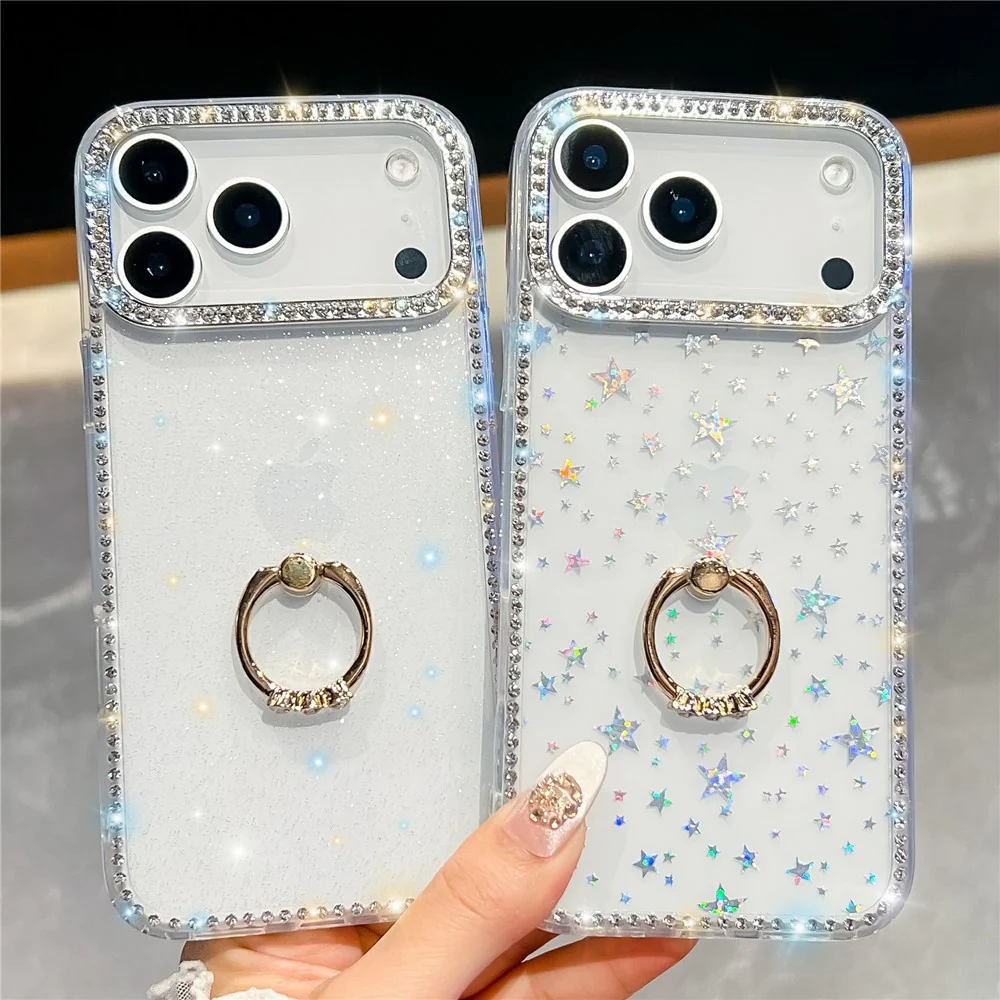 For iPhone 17 Pro Max Case with Ring Kickstand Rhinestone Edge TPU + PC IMD Phone Cover - Glitter Transparent - Image 6