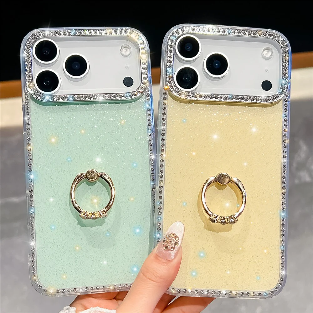 For iPhone 17 Pro Max Case with Ring Kickstand Rhinestone Edge TPU + PC IMD Phone Cover - Glitter Transparent - Image 8