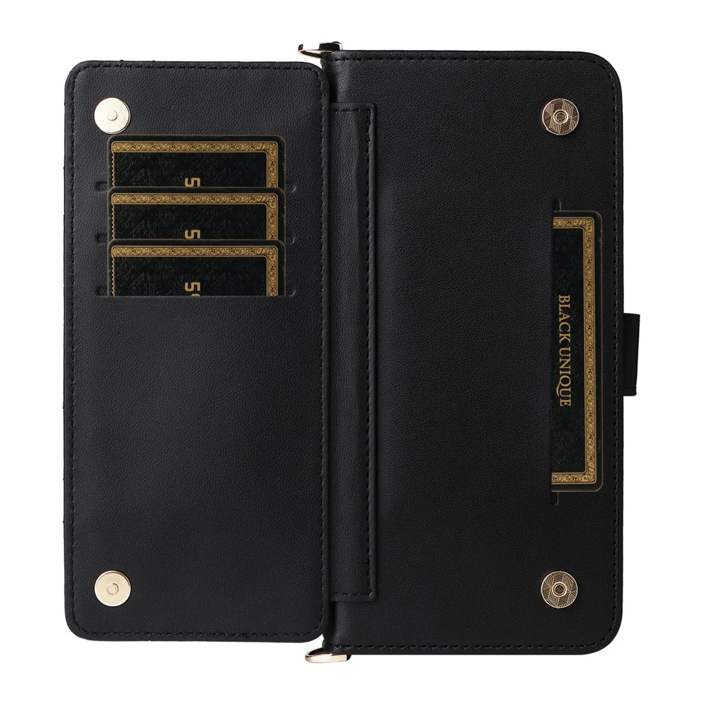 For iPhone 17 Pro Max Case with Shoulder / Wrist Strap Leather Phone Cover Stand Wallet - Black - Image 3