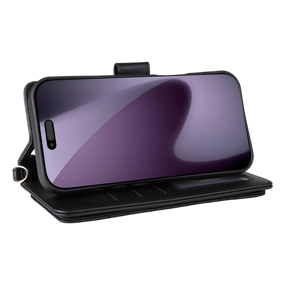 For iPhone 17 Pro Max Case with Shoulder / Wrist Strap Leather Phone Cover Stand Wallet - Black - Image 5