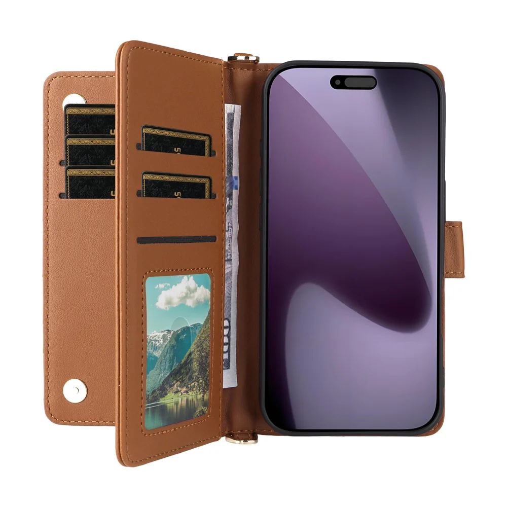 For iPhone 17 Pro Max Case with Shoulder / Wrist Strap Leather Phone Cover Stand Wallet - Brown - Image 2