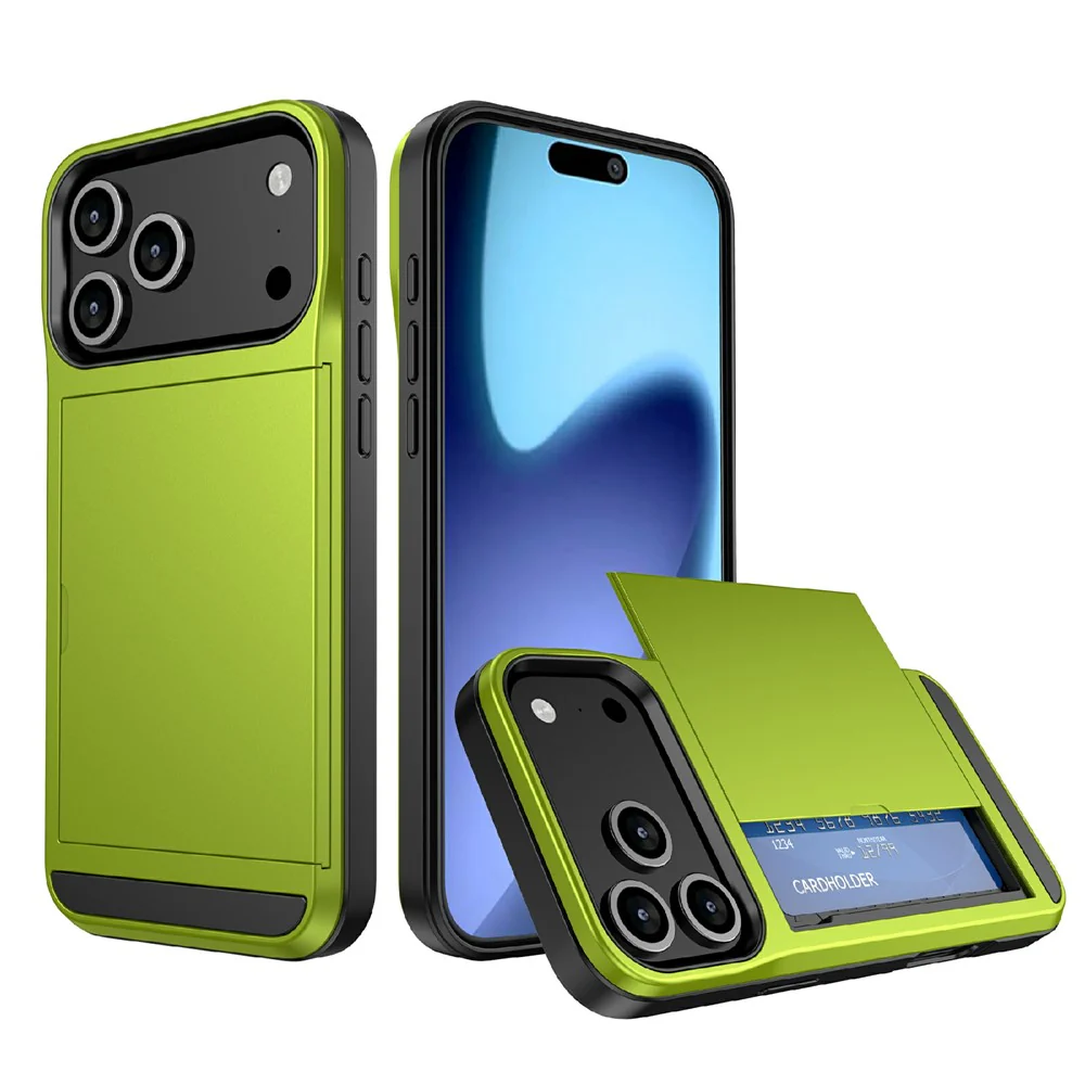 For iPhone 17 Pro Max Case with Sliding Card Holder PC + TPU Phone Back Cover - Green