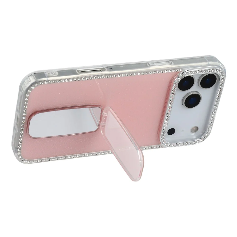 For iPhone 17 Pro Max Case with Straight Mirror Kickstand Rhinestone Edge TPU + PC IMD Phone Cover - Glitter Light Pink - Image 3
