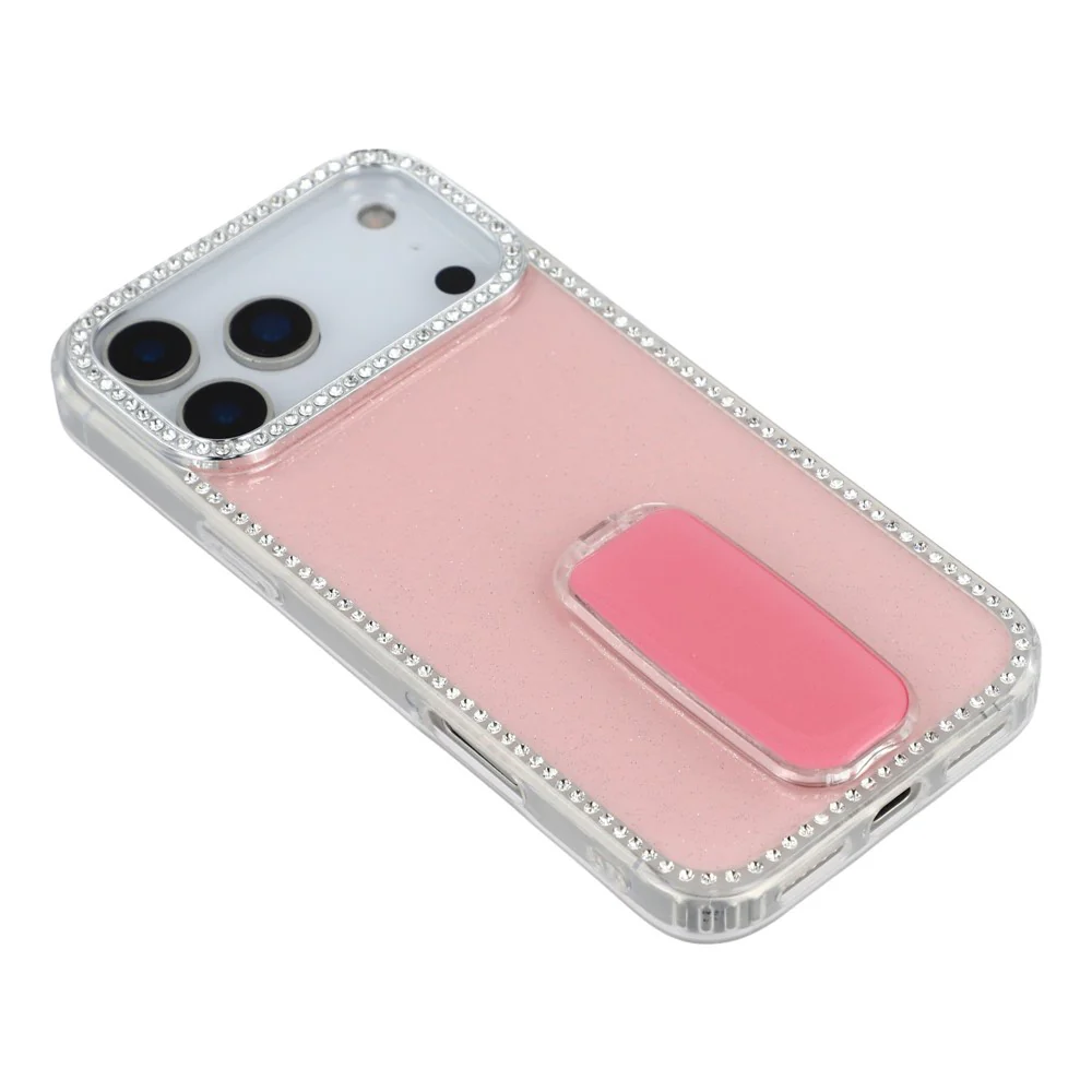 For iPhone 17 Pro Max Case with Straight Mirror Kickstand Rhinestone Edge TPU + PC IMD Phone Cover - Glitter Light Pink - Image 4
