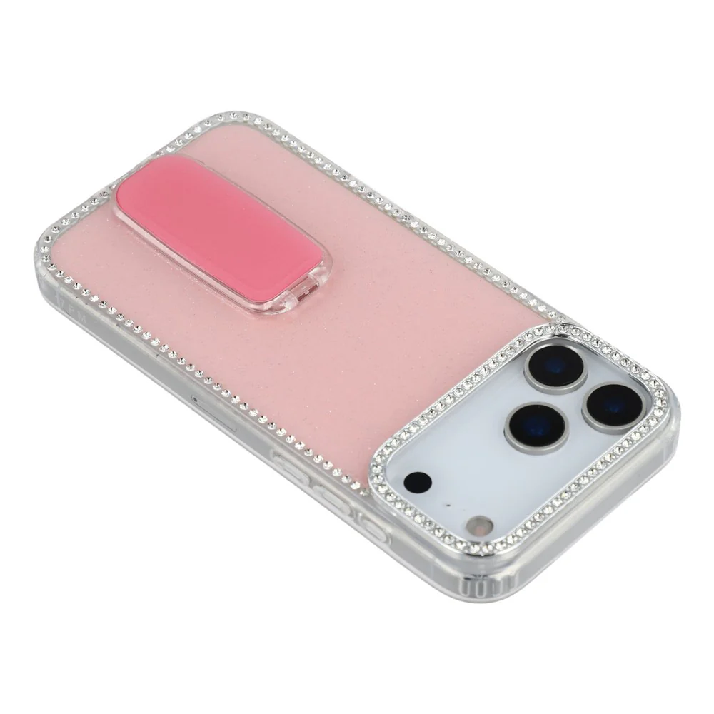 For iPhone 17 Pro Max Case with Straight Mirror Kickstand Rhinestone Edge TPU + PC IMD Phone Cover - Glitter Light Pink - Image 5