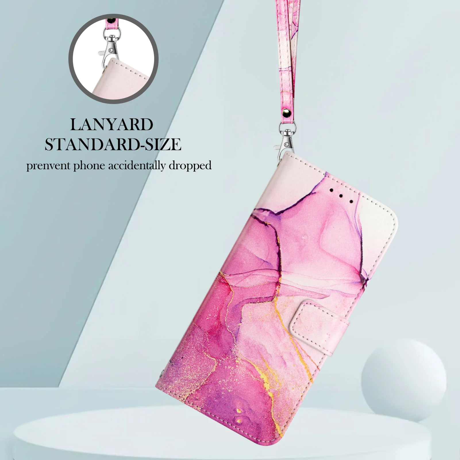 For iPhone 17 Pro Max Case with Strap Marble Pattern Leather Phone Cover Card Holder - Pink / Purple / Gold LS001 - Image 4