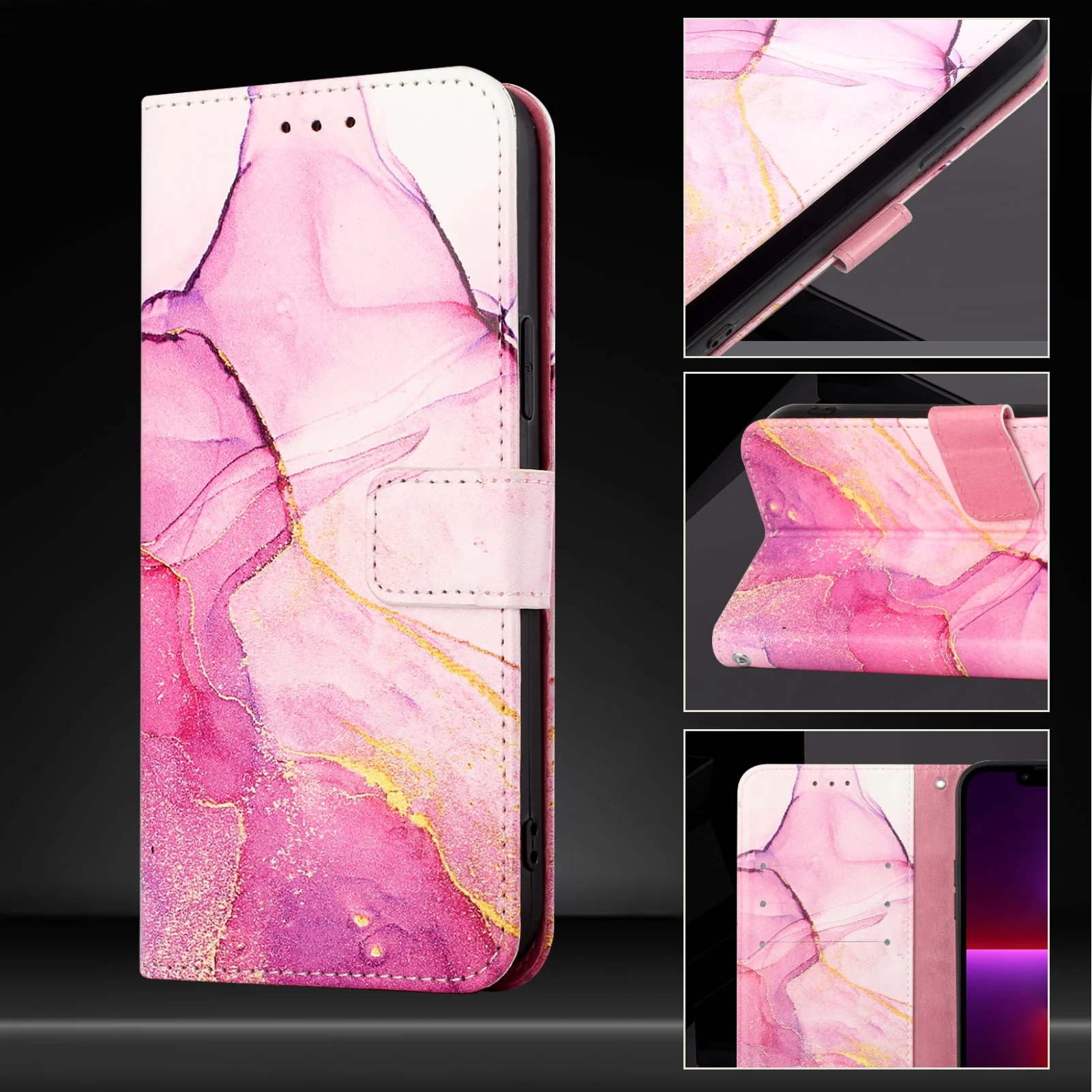 For iPhone 17 Pro Max Case with Strap Marble Pattern Leather Phone Cover Card Holder - Pink / Purple / Gold LS001 - Image 5