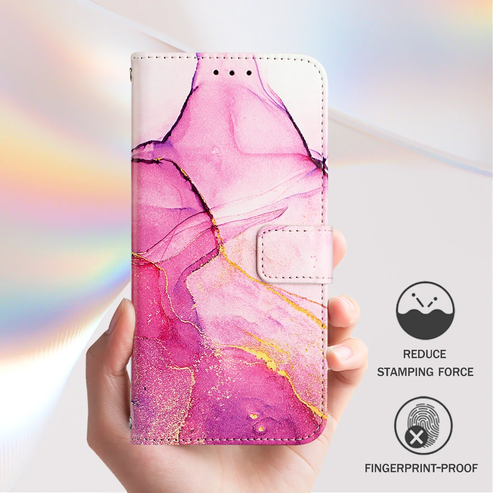 For iPhone 17 Pro Max Case with Strap Marble Pattern Leather Phone Cover Card Holder - Pink / Purple / Gold LS001 - Image 6