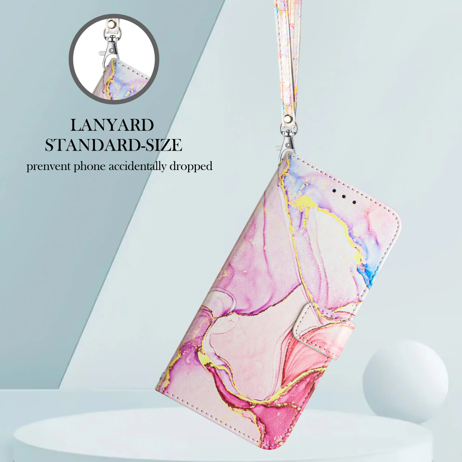 For iPhone 17 Pro Max Case with Strap Marble Pattern Leather Phone Cover Card Holder - Rose Gold LS005 - Image 4