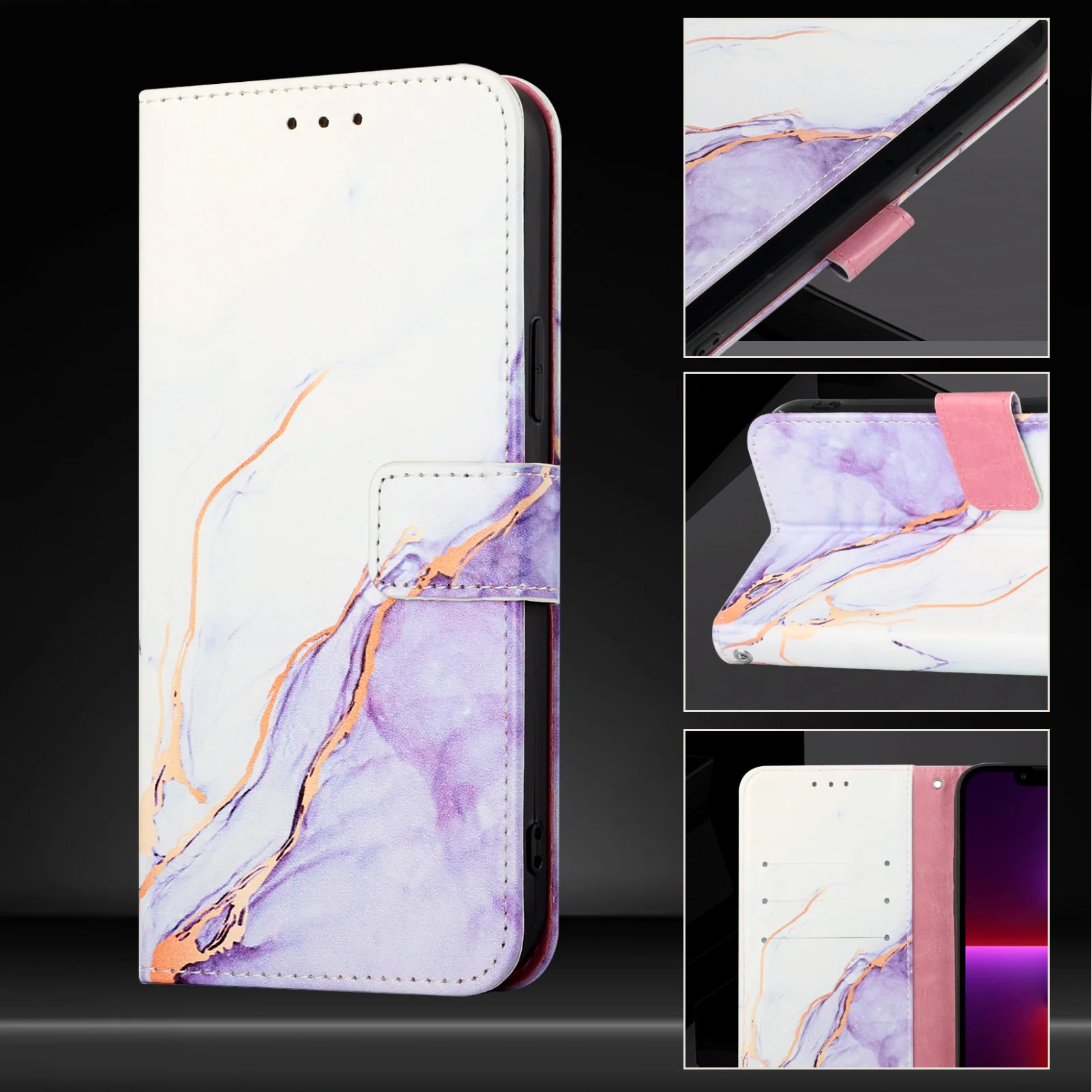 For iPhone 17 Pro Max Case with Strap Marble Pattern Leather Phone Cover Card Holder - White / Purple LS006 - Image 5
