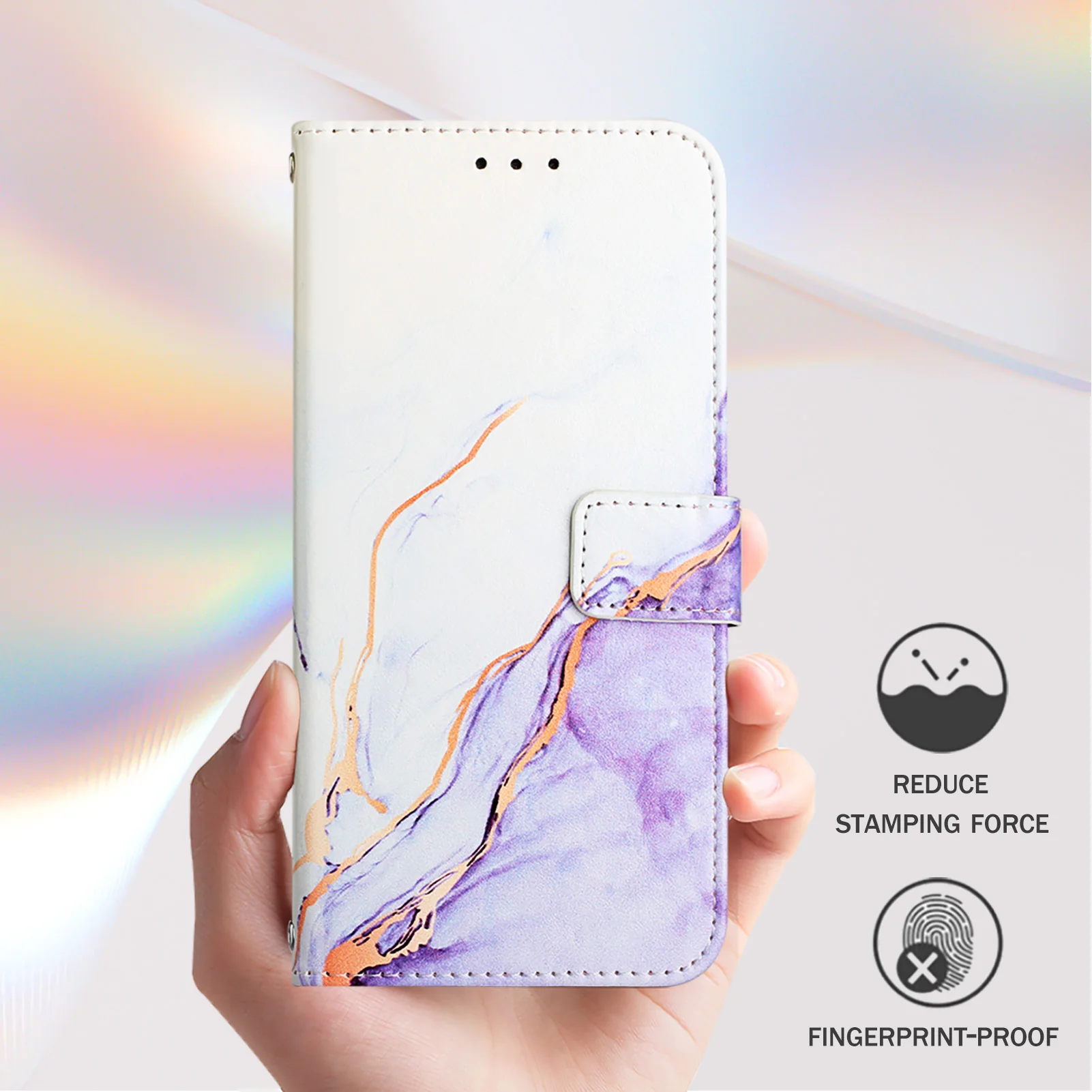 For iPhone 17 Pro Max Case with Strap Marble Pattern Leather Phone Cover Card Holder - White / Purple LS006 - Image 6