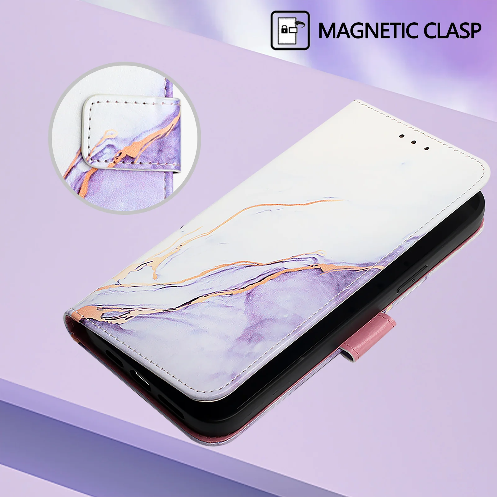 For iPhone 17 Pro Max Case with Strap Marble Pattern Leather Phone Cover Card Holder - White / Purple LS006 - Image 7