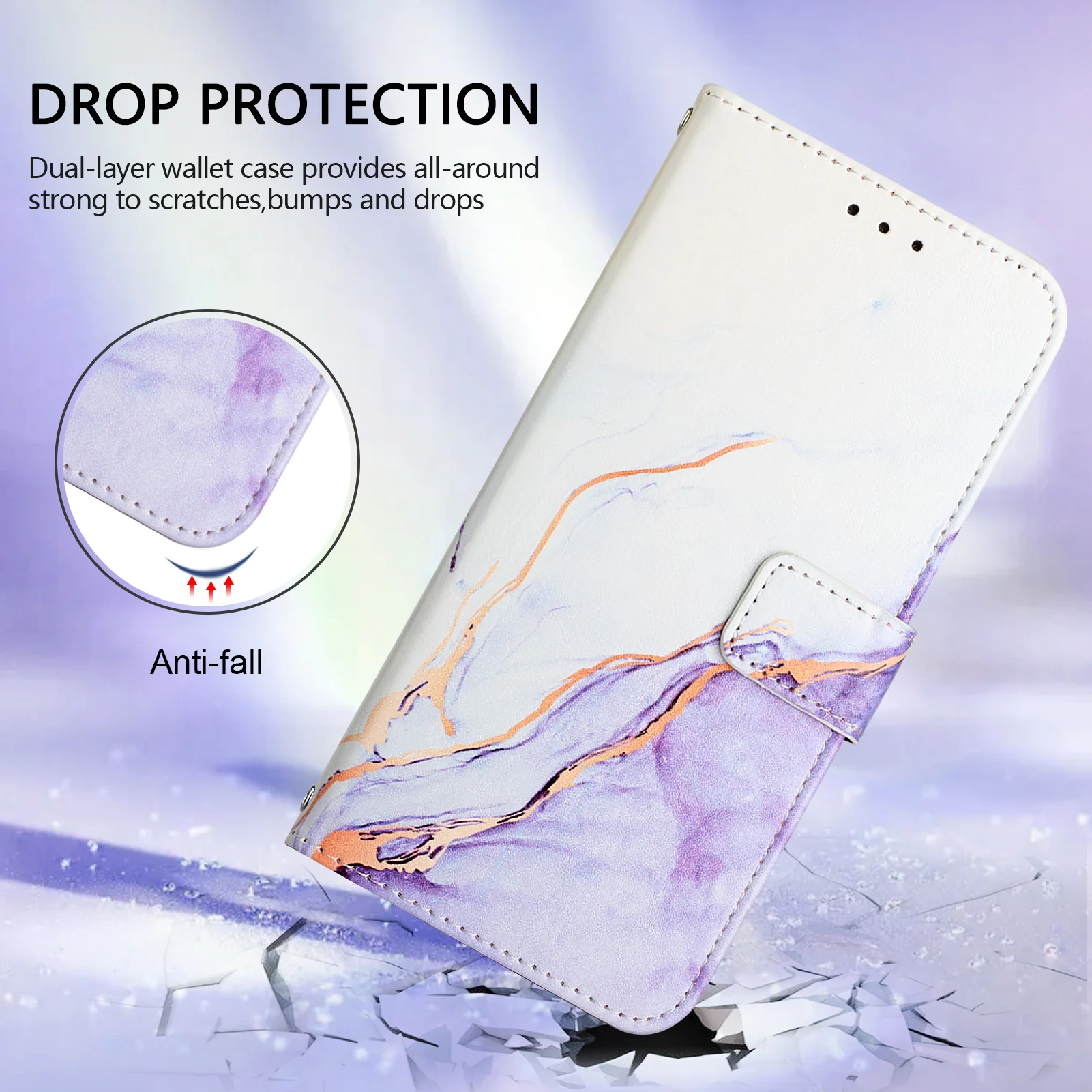 For iPhone 17 Pro Max Case with Strap Marble Pattern Leather Phone Cover Card Holder - White / Purple LS006 - Image 8