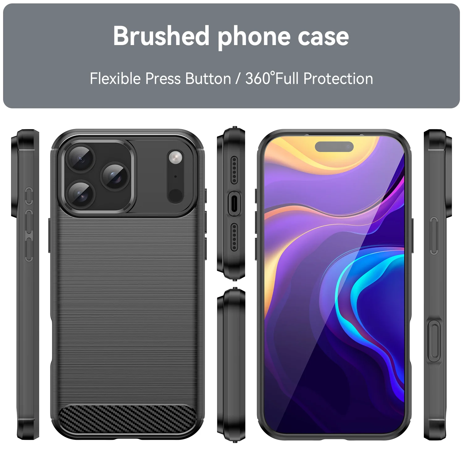 For iPhone 17 Pro Max Case with Tempered Glass WANLONFENG LS Series Brushed Texture TPU Phone Cover - Black - Image 3