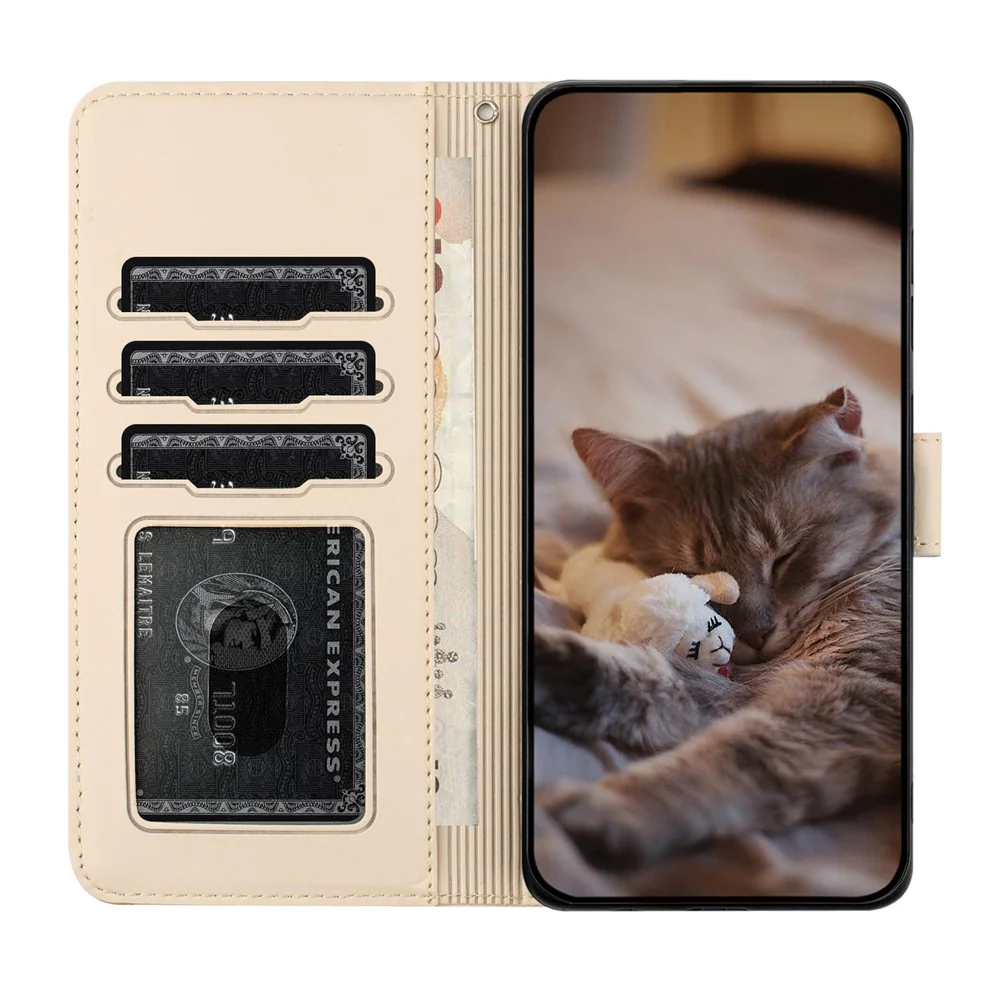 For iPhone 17 Pro Max Case with Wrist Strap Leather Phone Cover Wall Cats Pattern - Apricot - Image 3