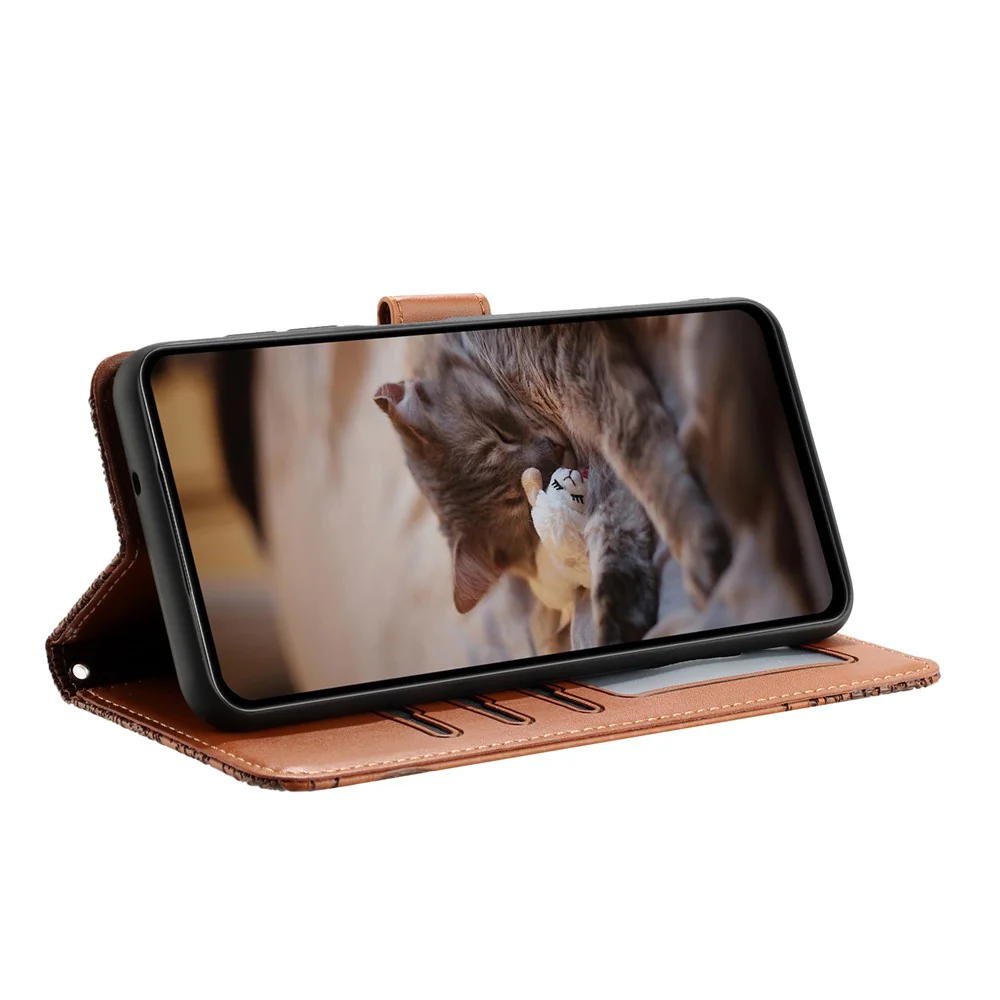 For iPhone 17 Pro Max Case with Wrist Strap Leather Phone Cover Wall Cats Pattern - Brown - Image 2