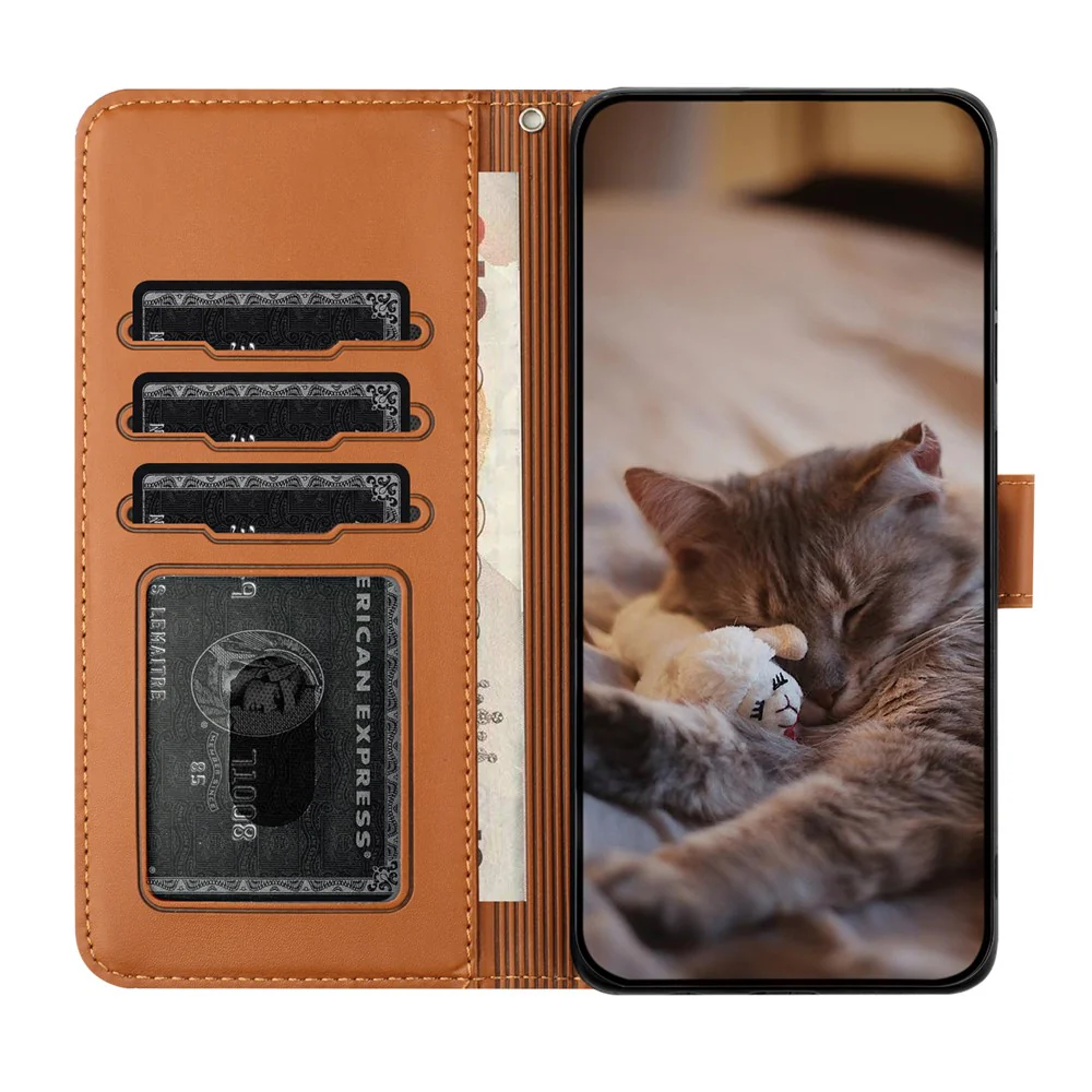 For iPhone 17 Pro Max Case with Wrist Strap Leather Phone Cover Wall Cats Pattern - Brown - Image 3