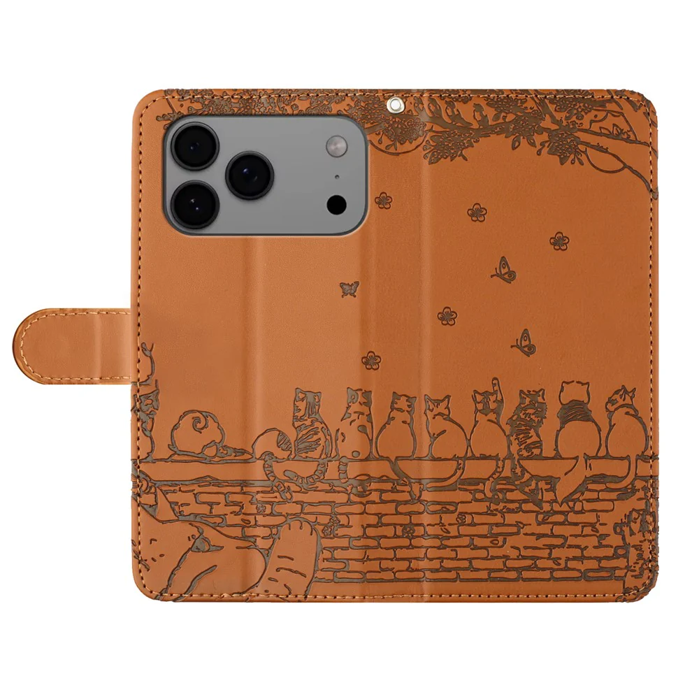 For iPhone 17 Pro Max Case with Wrist Strap Leather Phone Cover Wall Cats Pattern - Brown - Image 4