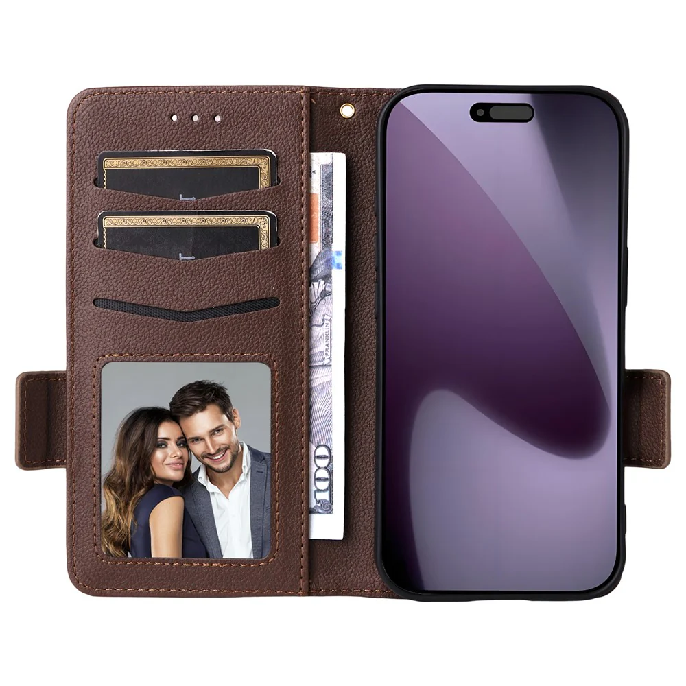 For iPhone 17 Pro Max Case with Wrist Strap Litchi Texture PU Leather Wallet Phone Cover - Brown - Image 2