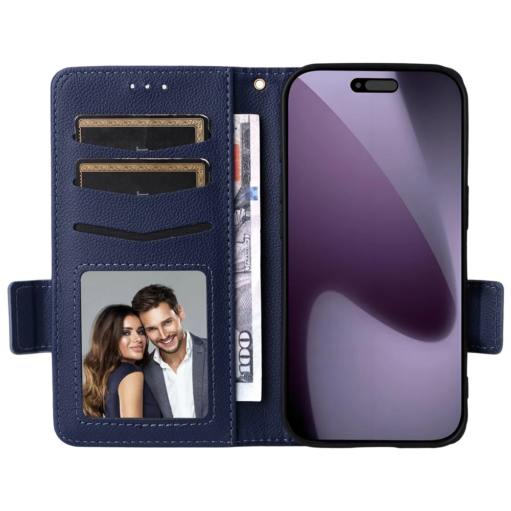 For iPhone 17 Pro Max Case with Wrist Strap Litchi Texture PU Leather Wallet Phone Cover - Dark Blue - Image 2