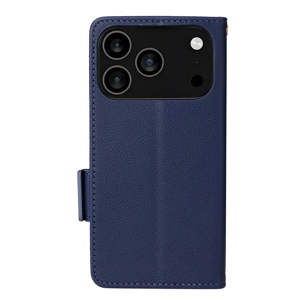 For iPhone 17 Pro Max Case with Wrist Strap Litchi Texture PU Leather Wallet Phone Cover - Dark Blue - Image 8