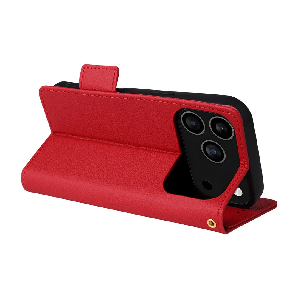 For iPhone 17 Pro Max Case with Wrist Strap Litchi Texture PU Leather Wallet Phone Cover - Red - Image 3