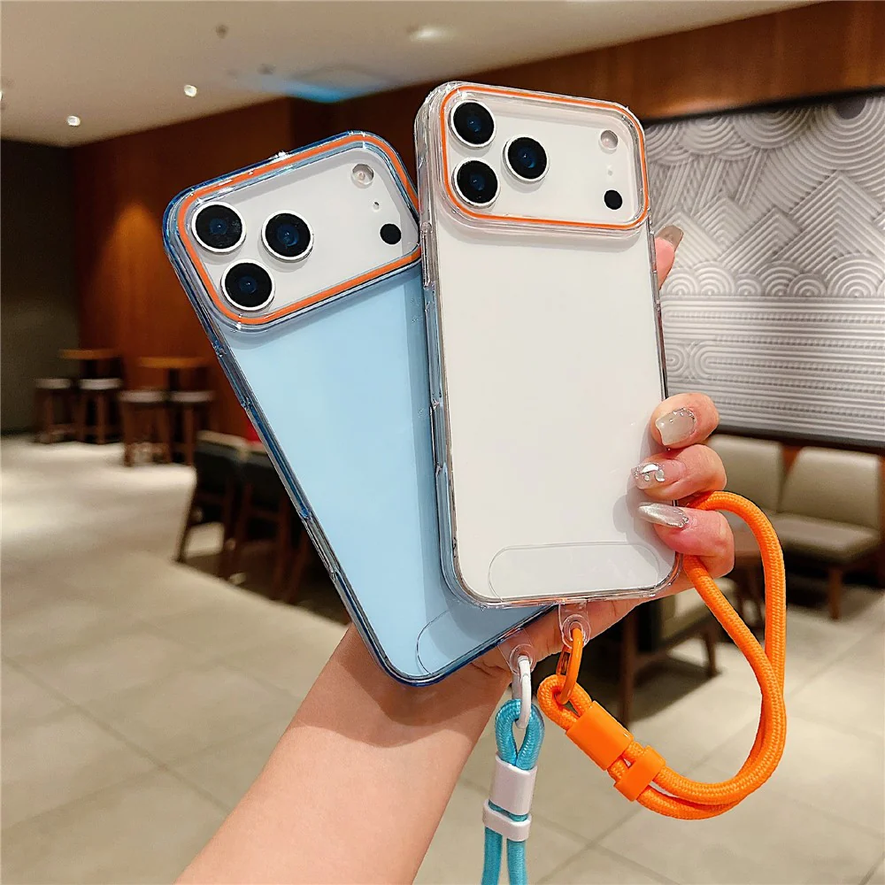 For iPhone 17 Pro Max Case with Wrist Strap / Orange Camera Edge TPU + PC Shockproof Phone Back Cover - Transparent Green - Image 4
