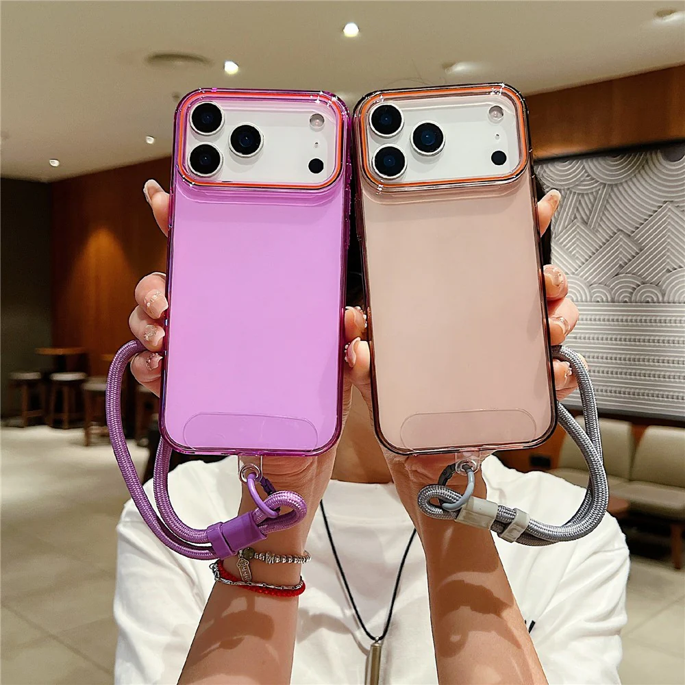 For iPhone 17 Pro Max Case with Wrist Strap / Orange Camera Edge TPU + PC Shockproof Phone Back Cover - Transparent Green - Image 5