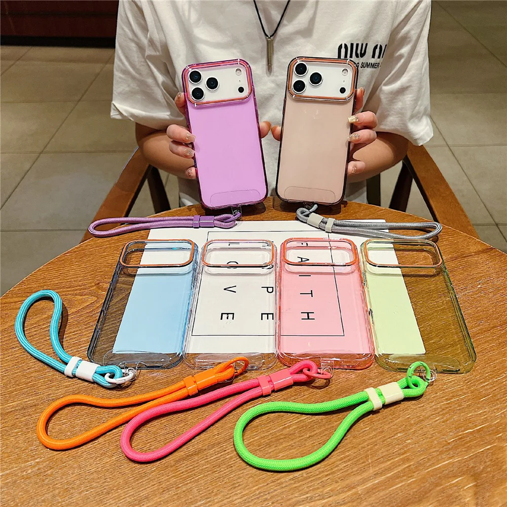 For iPhone 17 Pro Max Case with Wrist Strap / Orange Camera Edge TPU + PC Shockproof Phone Back Cover - Transparent Purple - Image 5