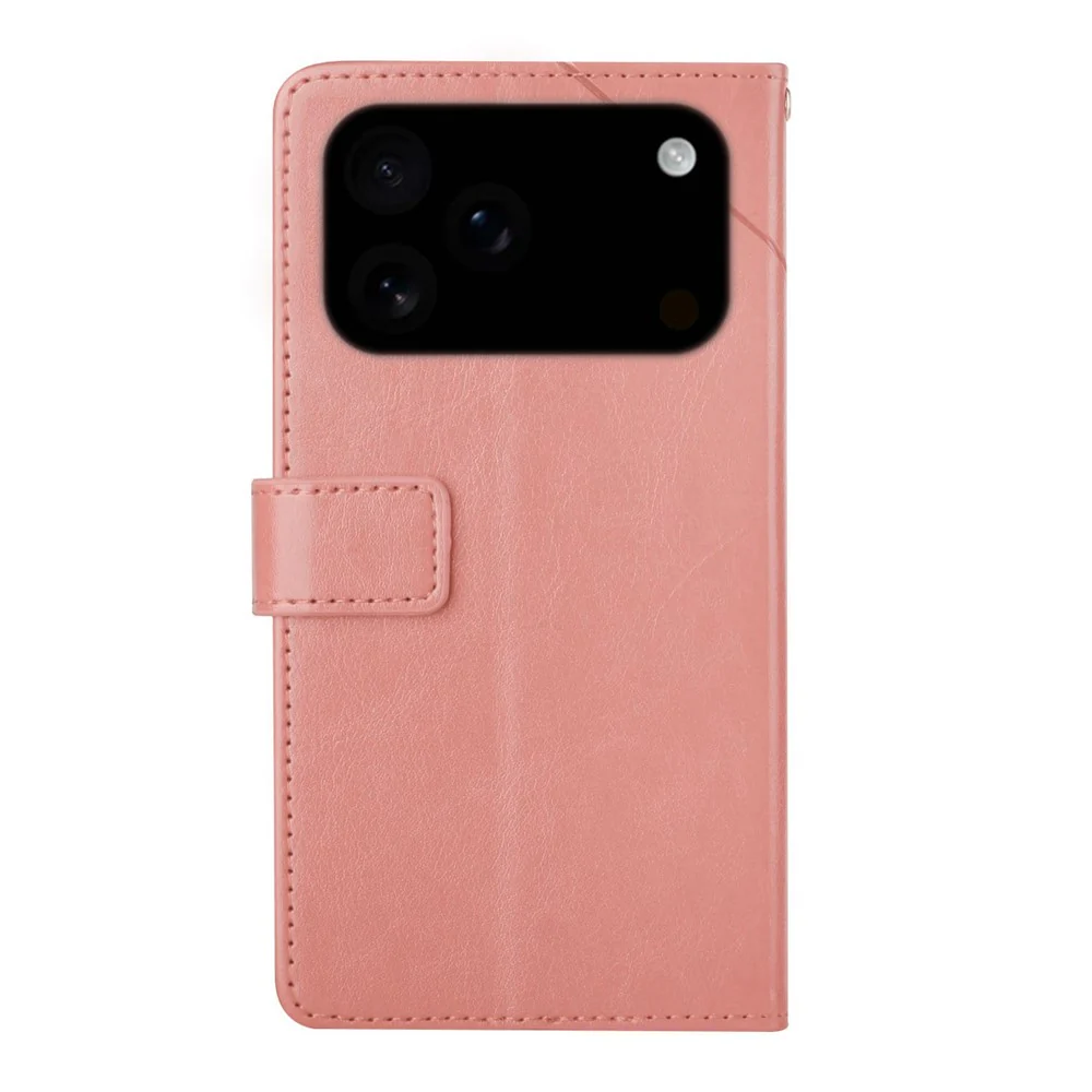 For iPhone 17 Pro Max Case with Wrist Strap Y Shaped Lines Imprint Leather Phone Cover - Pink - Image 8