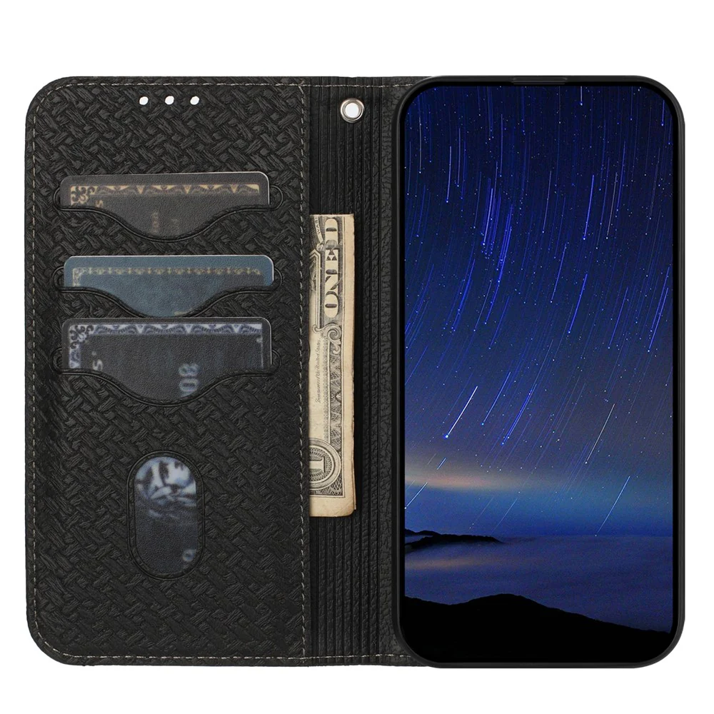 For iPhone 17 Pro Max Case Woven Texture PU Leather Wallet Phone Cover with Wrist Strap - Black - Image 2