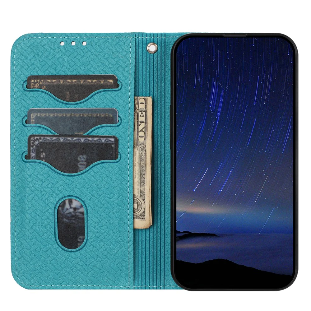 For iPhone 17 Pro Max Case Woven Texture PU Leather Wallet Phone Cover with Wrist Strap - Blue - Image 2