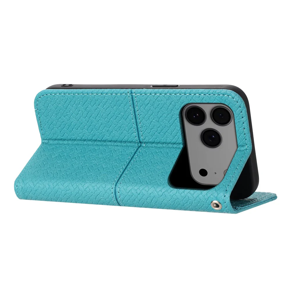 For iPhone 17 Pro Max Case Woven Texture PU Leather Wallet Phone Cover with Wrist Strap - Blue - Image 4