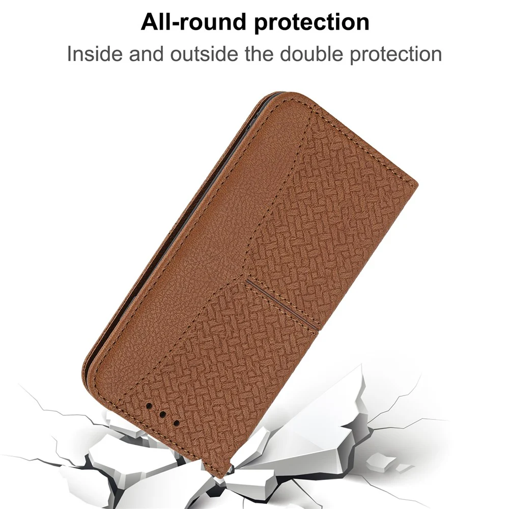 For iPhone 17 Pro Max Case Woven Texture PU Leather Wallet Phone Cover with Wrist Strap - Brown - Image 5