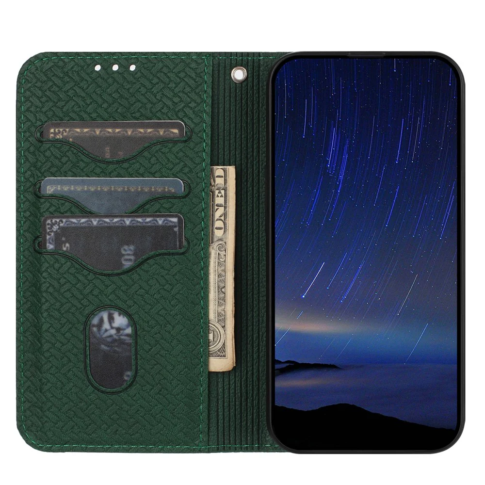 For iPhone 17 Pro Max Case Woven Texture PU Leather Wallet Phone Cover with Wrist Strap - Green - Image 2