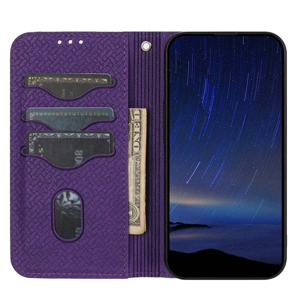 For iPhone 17 Pro Max Case Woven Texture PU Leather Wallet Phone Cover with Wrist Strap - Purple - Image 2