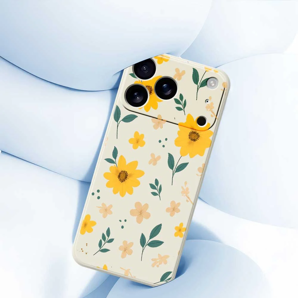For iPhone 17 Pro Max Case Yellow Floral and Leaves Pattern Printing Straight Edge TPU Phone Back Cover - Beige - Image 5