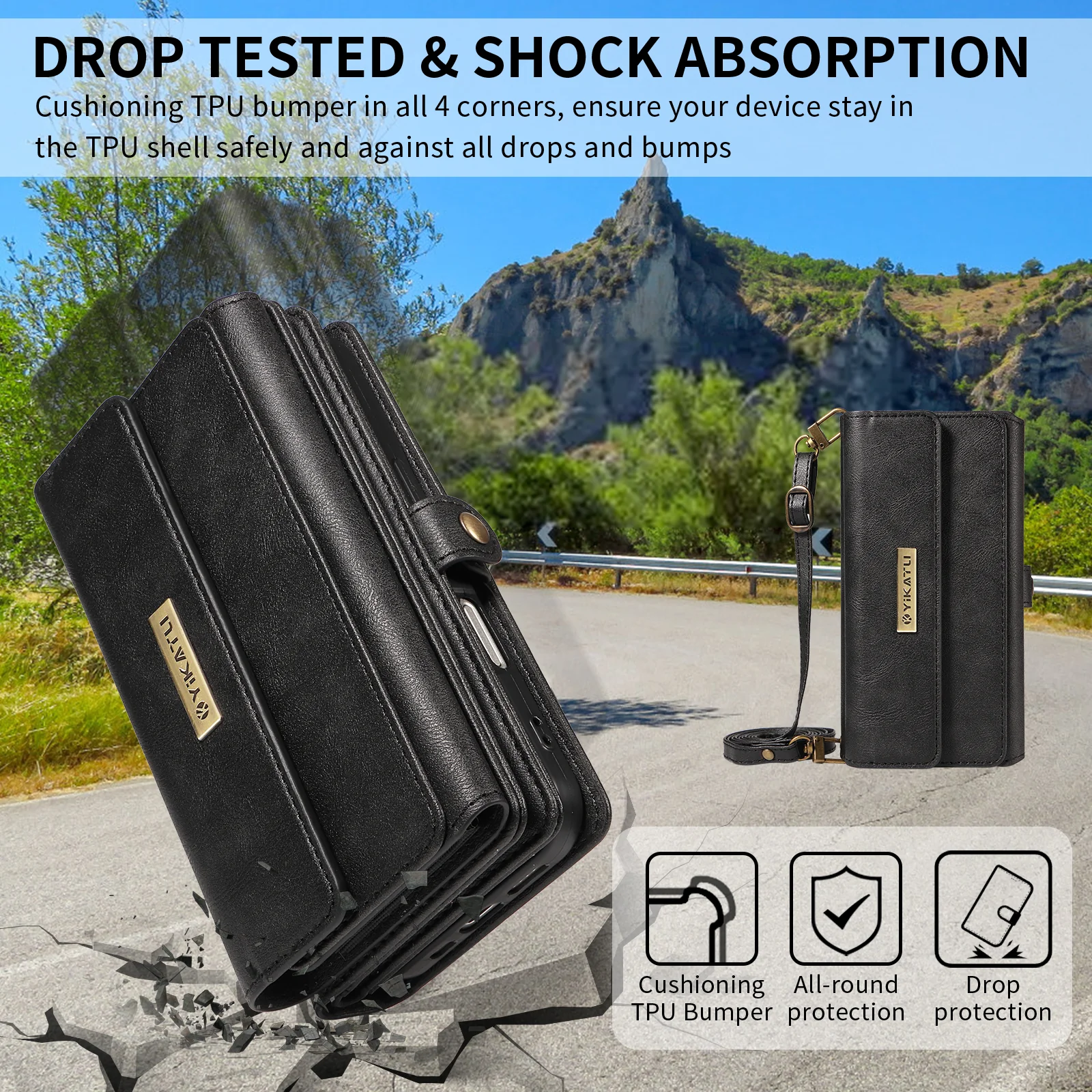 For iPhone 17 Pro Max Case YIKATU YK-008 Zipper Wallet Leather Phone Cover with Shoulder Strap - Black - Image 6