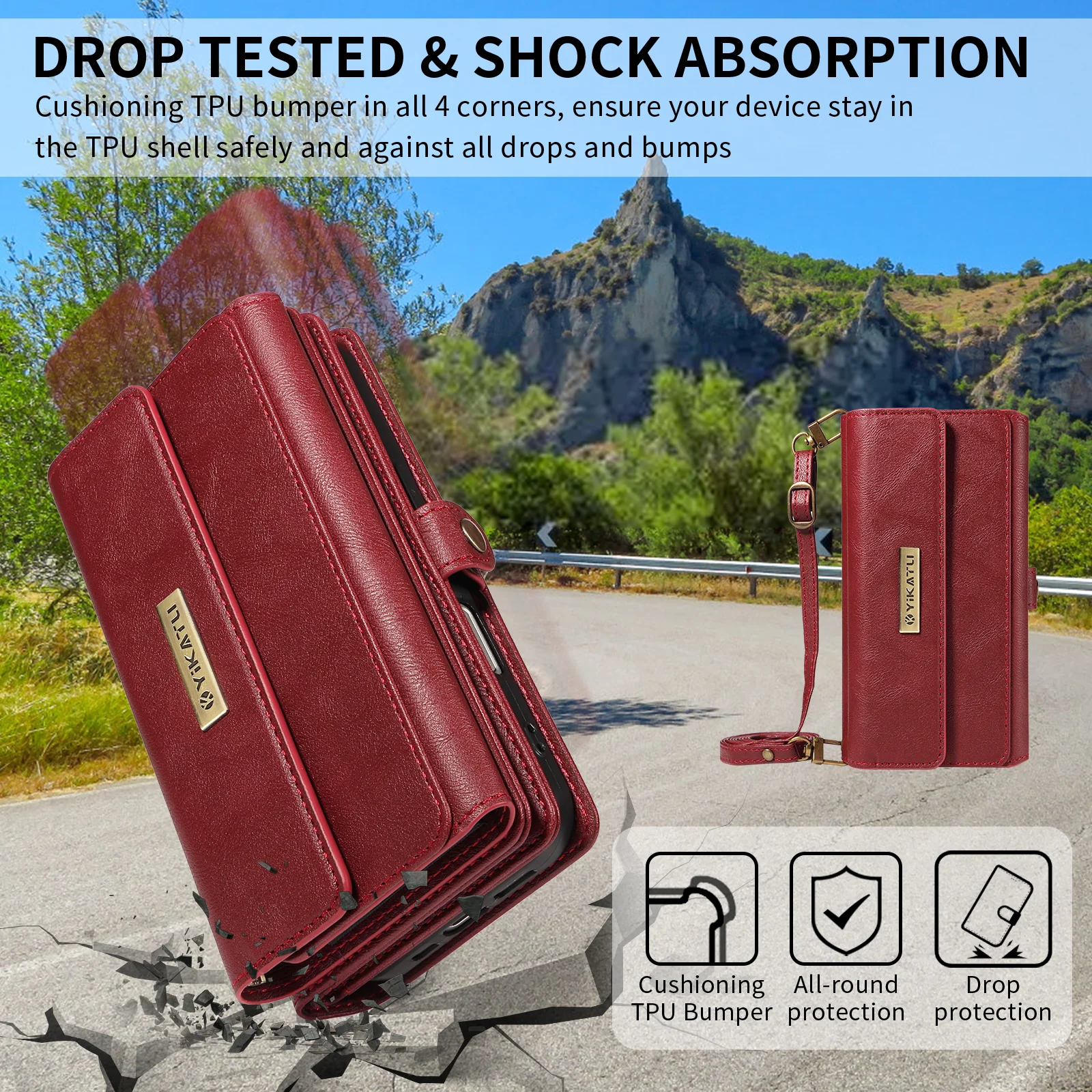 For iPhone 17 Pro Max Case YIKATU YK-008 Zipper Wallet Leather Phone Cover with Shoulder Strap - Red - Image 6