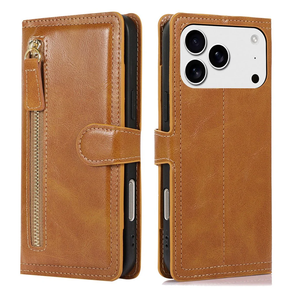 For iPhone 17 Pro Max Case Zipper Flip Leather Phone Cover with Card Holder - Orange