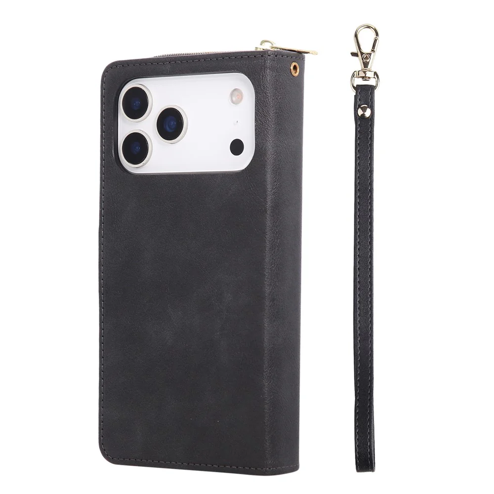 For iPhone 17 Pro Max Case Zipper Pocket 9 Card Slots PU Leather Phone Cover with Hand Strap - Black - Image 7