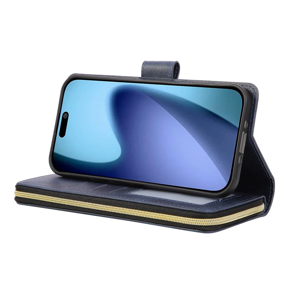 For iPhone 17 Pro Max Case Zipper Pocket 9 Card Slots PU Leather Phone Cover with Hand Strap - Blue - Image 4